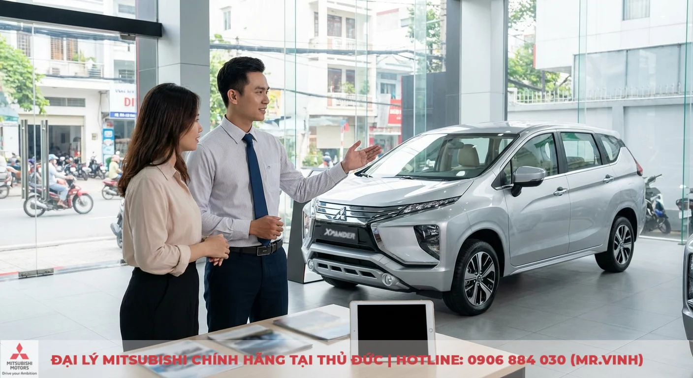Chuy&ecirc;n vi&ecirc;n b&aacute;n h&agrave;ng Mitsubishi Saigon 3S tư vấn kh&aacute;ch h&agrave;ng nữ về t&iacute;nh năng của Mitsubishi Xpander tại showroom