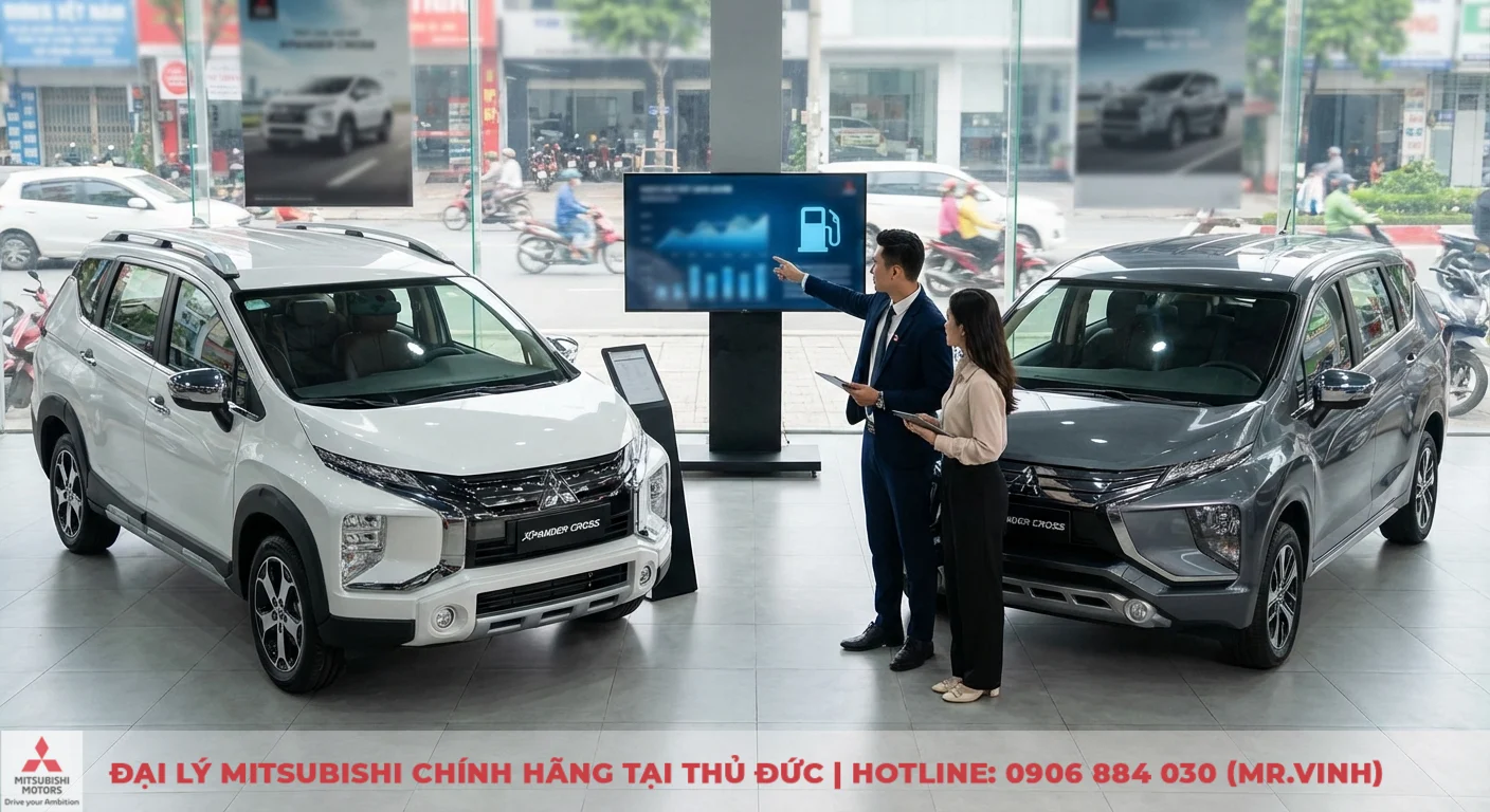 Mitsubishi Xpander Cross 2026: Tiêu hao nhiên liệu và đánh giá chi phí xăng 2 Mức tiêu hao nhiên liệu Mitsubishi Xpander Cross 2026 qua biểu đồ dữ liệu và biểu tượng bơm xăng trên màn hình