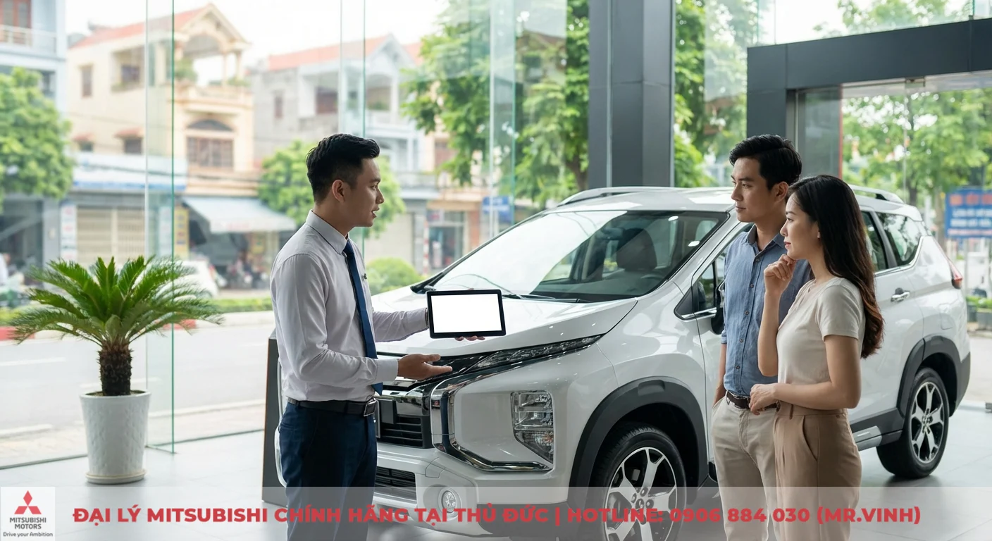 Mitsubishi Xpander Cross 2026: Tiêu hao nhiên liệu và đánh giá chi phí xăng 3 Nhân viên tư vấn đang giới thiệu Xpander Cross và phân tích chi phí vận hành, mẹo tiết kiệm xăng cho khách hàng