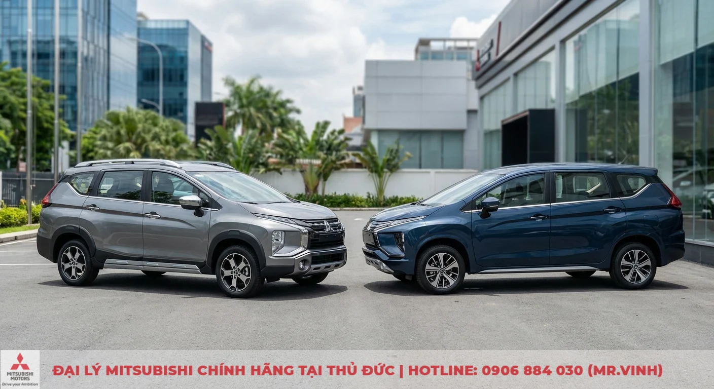 Mitsubishi Xpander Cross 2026: Tiêu hao nhiên liệu và đánh giá chi phí xăng 4 Hai mẫu Mitsubishi Xpander Cross màu xám và xanh dương đối diện, minh họa vị thế cạnh tranh của dòng xe