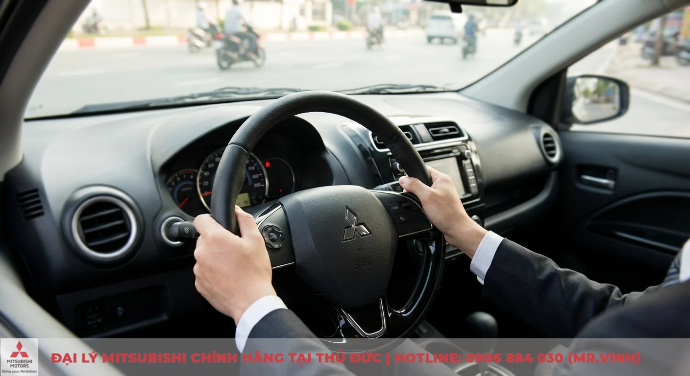 Người l&aacute;i Attrage 2026 đang điều khiển v&ocirc; lăng, cảm nhận vận h&agrave;nh linh hoạt v&agrave; ổn định trong đ&ocirc; thị đ&ocirc;ng đ&uacute;c