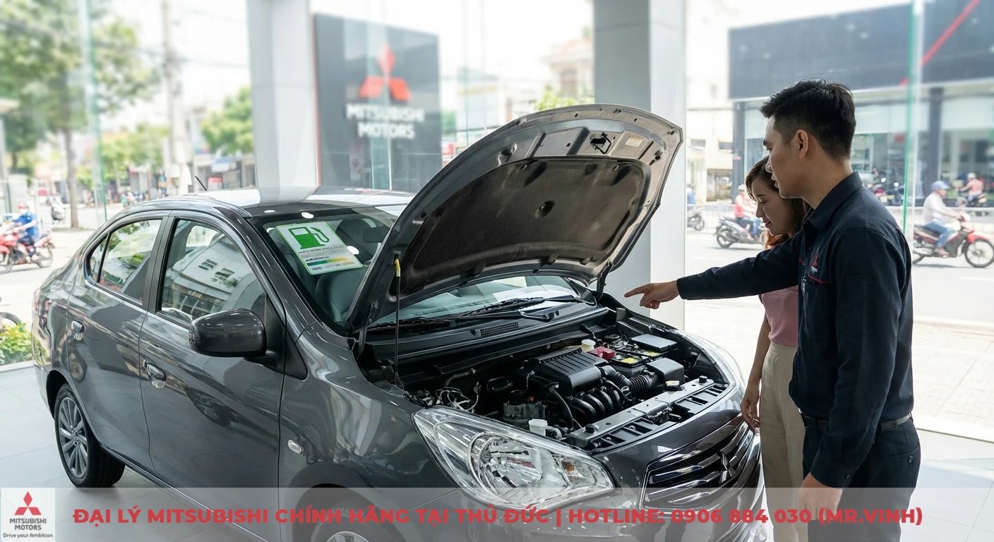 Động cơ MIVEC 1.2L của Mitsubishi Attrage mở nắp ca-p&ocirc;, nh&acirc;n vi&ecirc;n tư vấn về sức mạnh v&agrave; tiết kiệm nhi&ecirc;n liệu