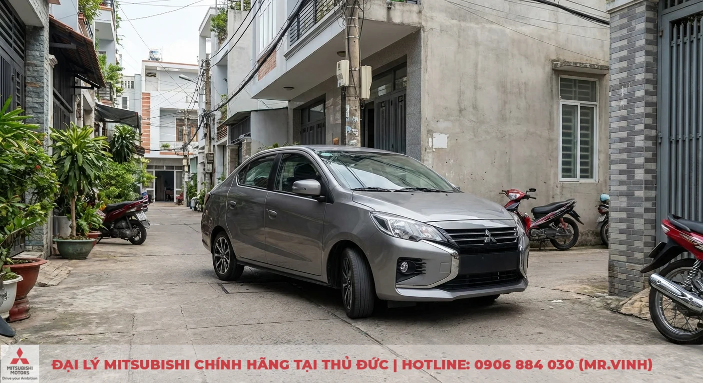 Mitsubishi Attrage 2026 m&agrave;u x&aacute;m đỗ trong hẻm nhỏ, minh họa đặc t&iacute;nh vận h&agrave;nh linh hoạt tối đa khi đi phố