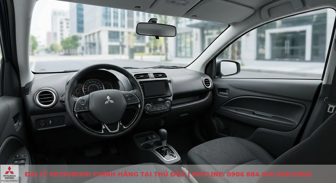 Khoang l&aacute;i Attrage hiện đại với v&ocirc; lăng đa chức năng v&agrave; m&agrave;n h&igrave;nh cảm ứng, t&iacute;ch hợp c&ocirc;ng nghệ hỗ trợ v&agrave; hệ thống an to&agrave;n n&acirc;ng cao