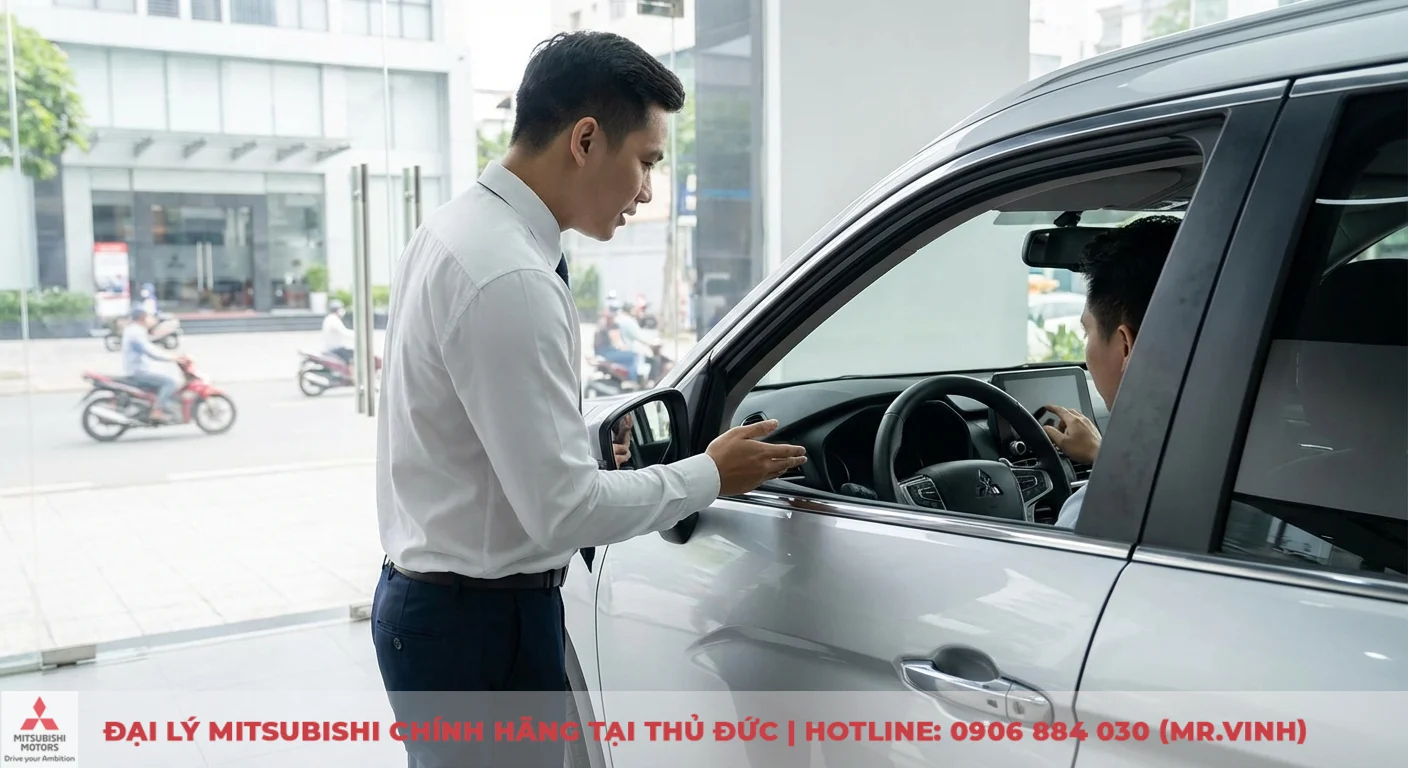 Người b&aacute;n h&agrave;ng chỉ dẫn kh&aacute;ch h&agrave;ng kh&aacute;m ph&aacute; nội thất xe Mitsubishi m&agrave;u bạc, kh&aacute;ch h&agrave;ng đang tương t&aacute;c với m&agrave;n h&igrave;nh cảm ứng trong xe