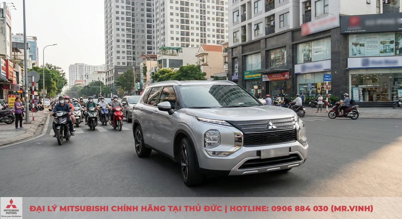 Một chiếc SUV Mitsubishi Destinator 2026 m&agrave;u bạc đang l&aacute;i tr&ecirc;n đường phố đ&ocirc; thị đ&ocirc;ng đ&uacute;c với nhiều xe m&aacute;y v&agrave; c&aacute;c t&ograve;a nh&agrave; cao tầng