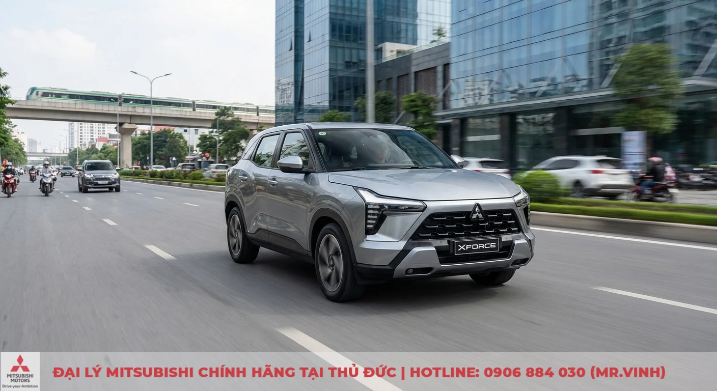 Vận hành Mitsubishi XFORCE 2026: Đánh giá cảm giác lái, độ êm 1 Mitsubishi XFORCE 2026 di chuyển linh hoạt trên đường phố, minh chứng sức mạnh động cơ MIVEC và hộp số CVT êm ái