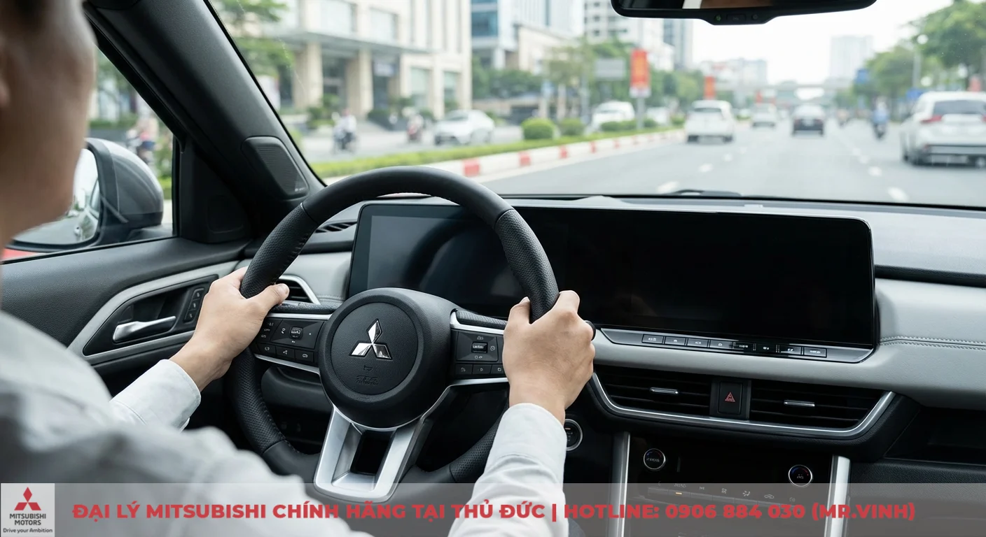 Vận hành Mitsubishi XFORCE 2026: Đánh giá cảm giác lái, độ êm 2 Người lái điều khiển vô lăng Mitsubishi XFORCE 2026, thể hiện cảm giác lái kết nối và linh hoạt trên đường phố