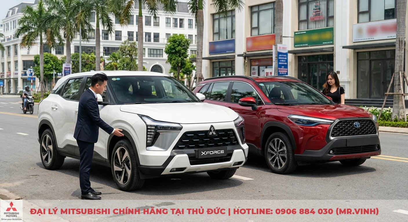 Vận hành Mitsubishi XFORCE 2026: Đánh giá cảm giác lái, độ êm 5 Mitsubishi XFORCE 2026 màu trắng và đối thủ Toyota Corolla Cross màu đỏ đỗ cạnh nhau để so sánh vận hành trong phân khúc