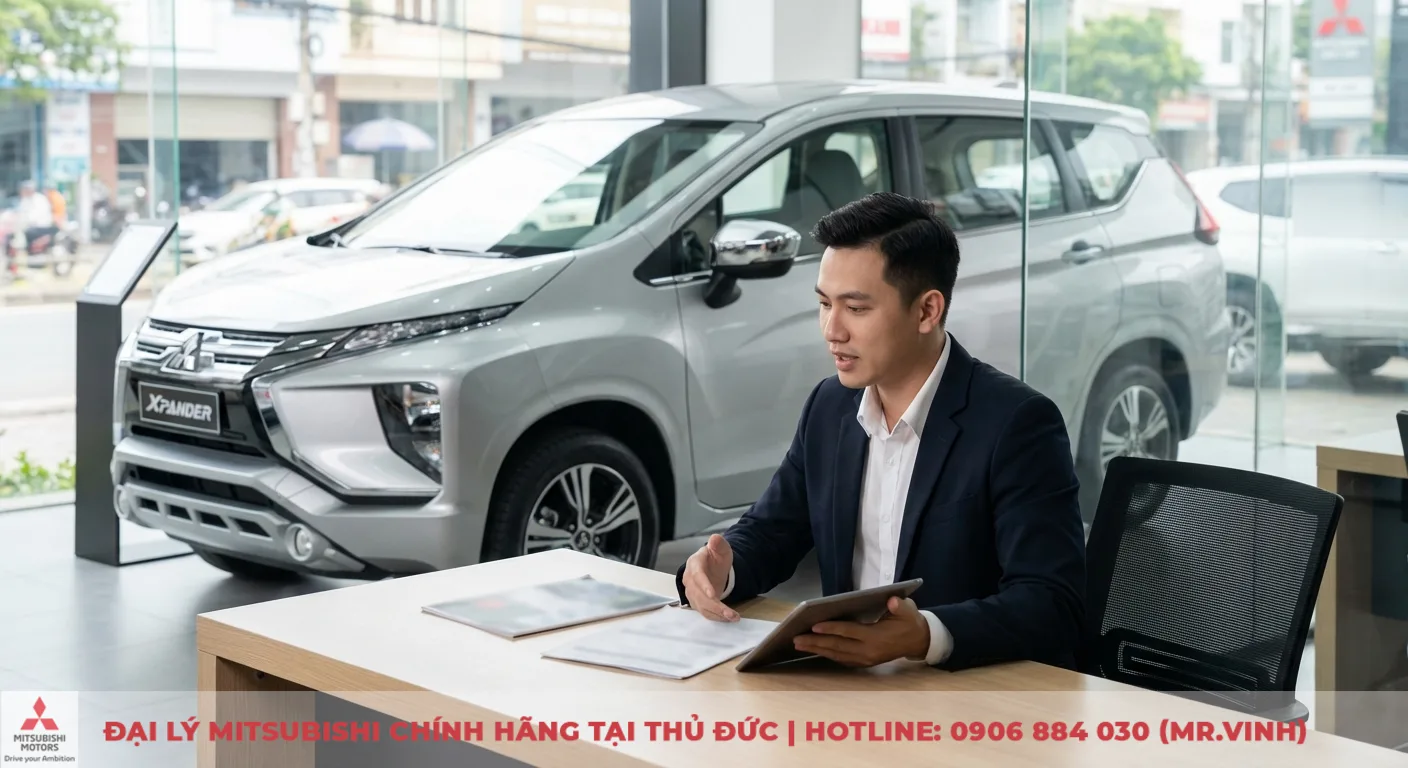 Tư vấn vi&ecirc;n Mitsubishi Saigon 3S giới thiệu chi tiết về Xpander 2026 trong kh&ocirc;ng gian showroom chuy&ecirc;n nghiệp