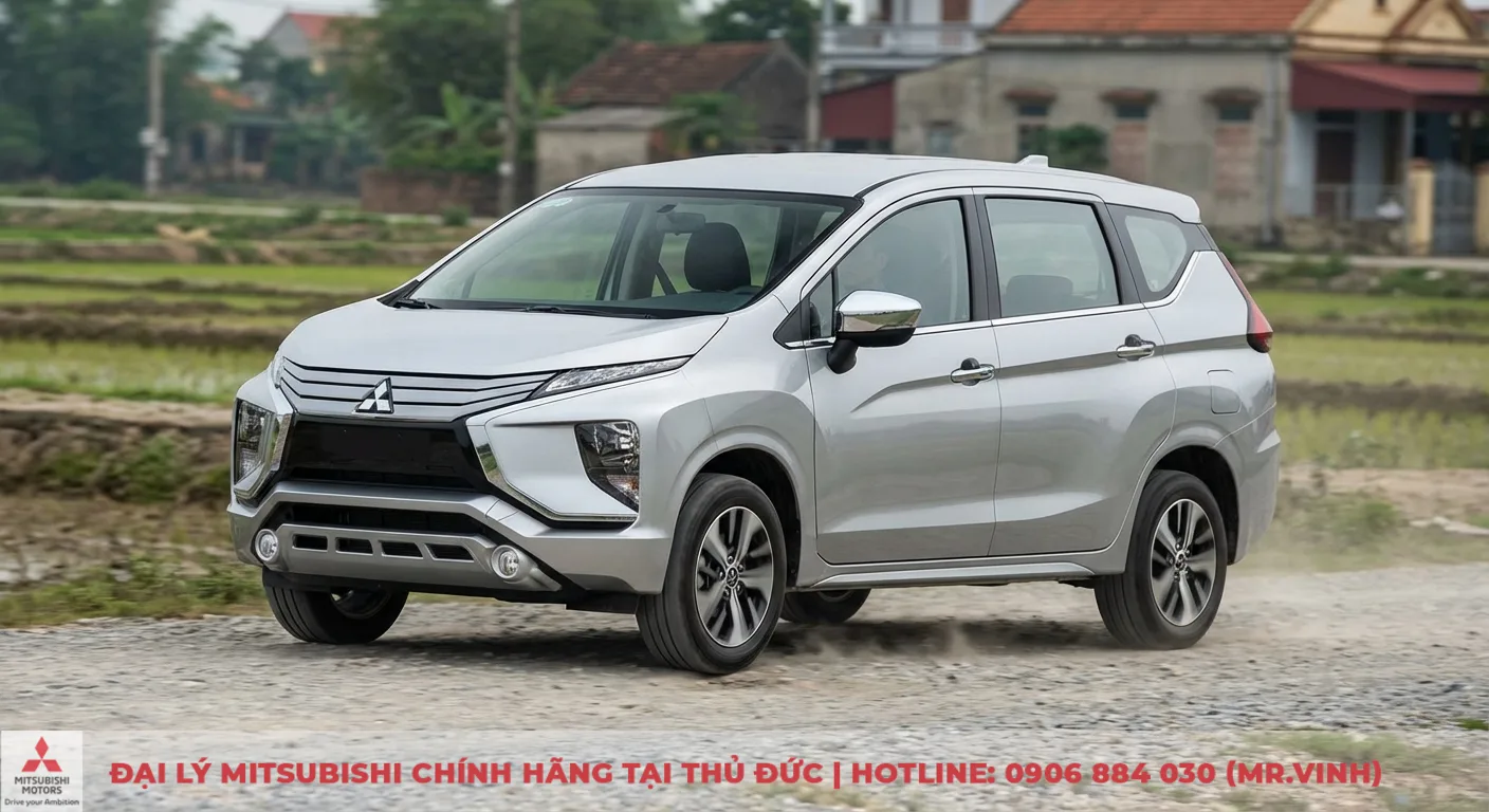 Vận hành Xpander Cross 2026: Cập nhật cảm giác lái và độ êm ái 1 Xpander Cross màu bạc chạy trên đường đất, nhấn mạnh độ ổn định của hệ thống treo và khung gầm