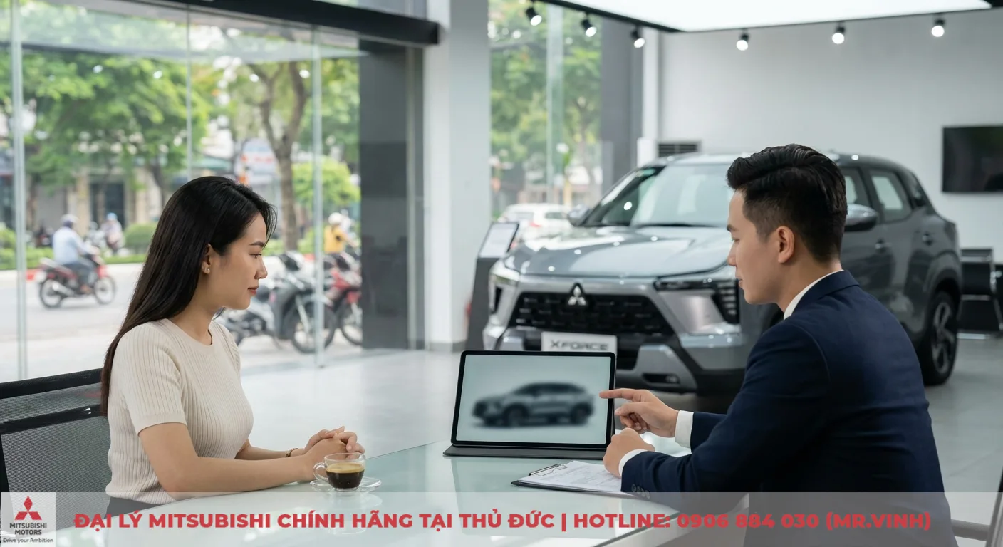 Kh&aacute;ch h&agrave;ng v&agrave; tư vấn vi&ecirc;n Mitsubishi Xforce thảo luận th&ocirc;ng tin về gi&aacute; b&aacute;n v&agrave; thời điểm ra mắt tại TP.HCM