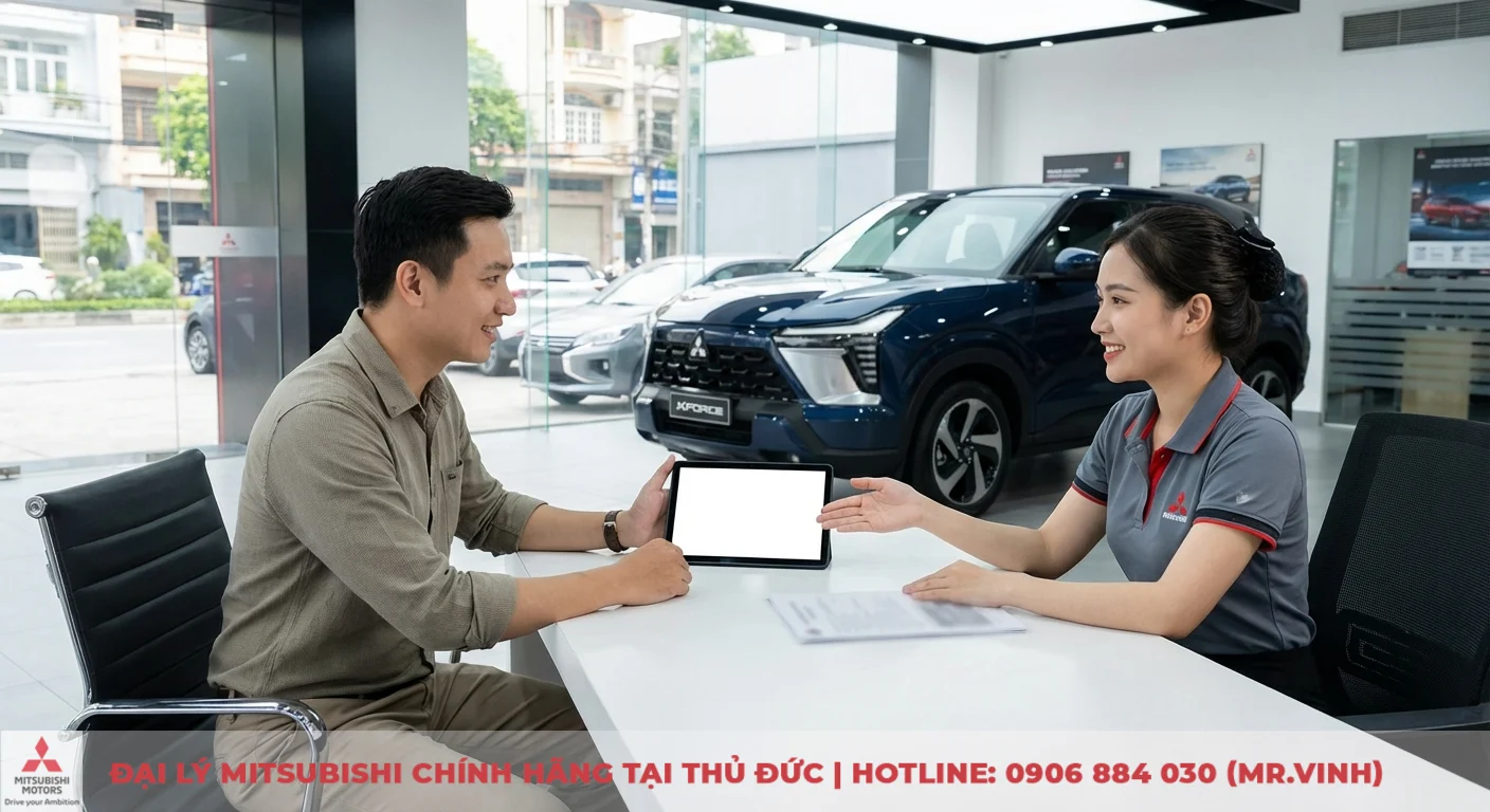 Nh&acirc;n vi&ecirc;n Mitsubishi S&agrave;i G&ograve;n 3S tư vấn kh&aacute;ch h&agrave;ng về Xforce, hỗ trợ đăng k&yacute; l&aacute;i thử v&agrave; nhận th&ocirc;ng tin sớm nhất