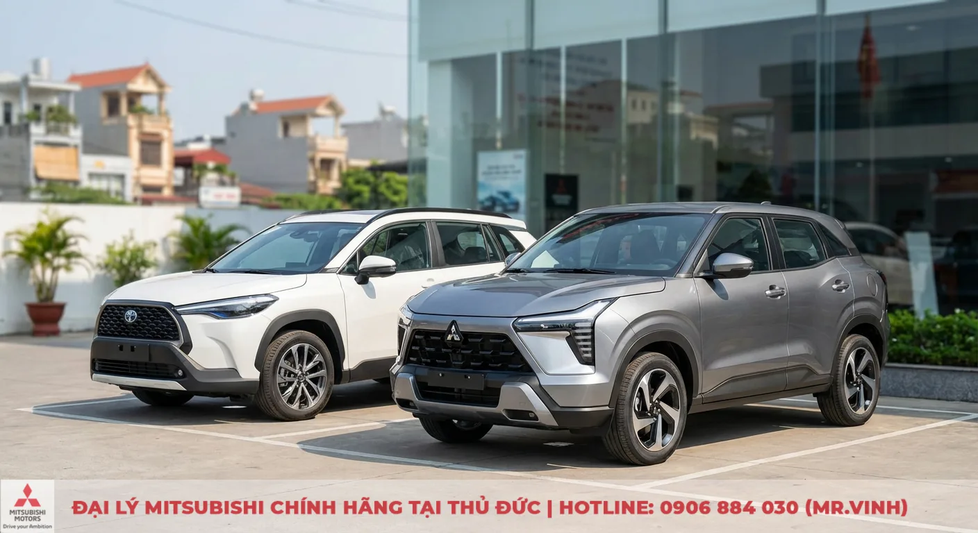 Mitsubishi Xforce 2026 v&agrave; Toyota Corolla Cross, hai đối thủ ch&iacute;nh ph&acirc;n kh&uacute;c SUV, đỗ cạnh nhau tại showroom