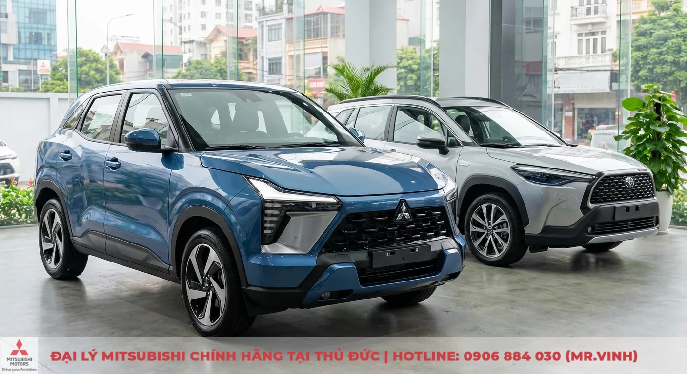 So s&aacute;nh ngoại thất Mitsubishi Xforce năng động, g&oacute;c cạnh v&agrave; Toyota Corolla Cross thanh lịch, hiện đại với lưới tản nhiệt lớn