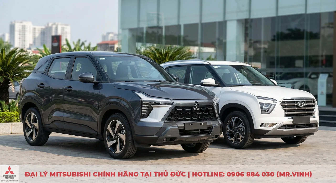 Thiết kế ngoại thất Mitsubishi Xforce 2026 mạnh mẽ v&agrave; Creta b&ecirc;n cạnh trong đ&aacute;nh gi&aacute; tổng quan