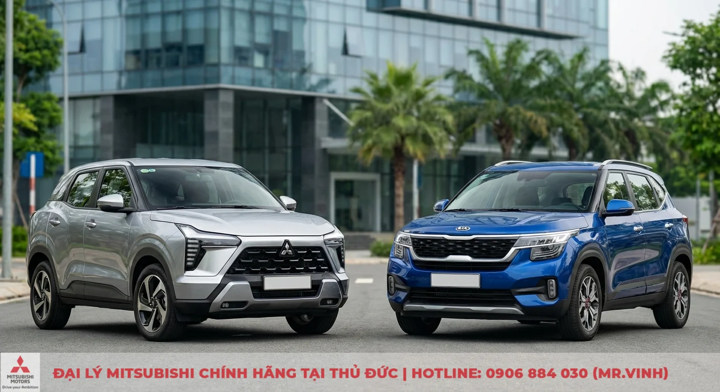 Mitsubishi Xforce 2026 m&agrave;u bạc v&agrave; Kia Seltos m&agrave;u xanh c&ugrave;ng ph&ocirc; diễn thiết kế CUV cỡ B hiện đại tr&ecirc;n thị trường