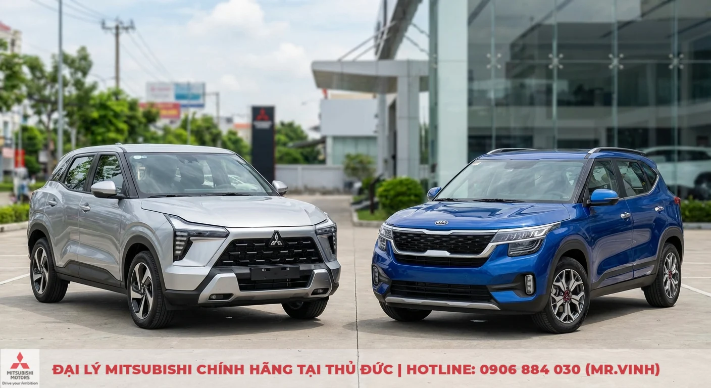 So s&aacute;nh ngoại thất Mitsubishi Xforce bạc mạnh mẽ, lưới tản nhiệt đặc trưng v&agrave; Kia Seltos xanh trẻ trung, đ&egrave;n LED c&ugrave;ng m&acirc;m đa chấu