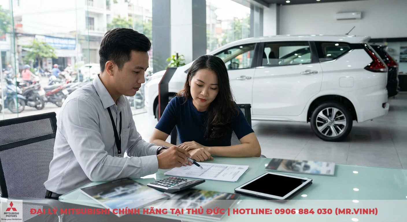 Nh&acirc;n vi&ecirc;n tư vấn về gi&aacute; lăn b&aacute;nh Xpander 2026 v&agrave; c&aacute;c khoản ph&iacute; bắt buộc cho kh&aacute;ch h&agrave;ng tại showroom