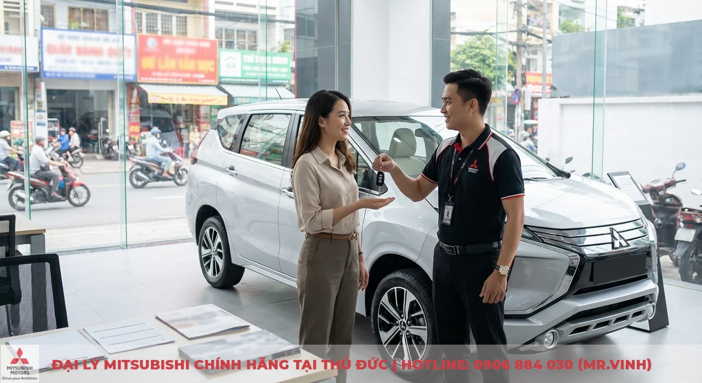 Kh&aacute;ch h&agrave;ng nữ nhận ch&igrave;a kh&oacute;a Mitsubishi Xpander 2026 từ nh&acirc;n vi&ecirc;n tại showroom Mitsubishi Saigon 3S để trải nghiệm v&agrave; đặt h&agrave;ng sớm