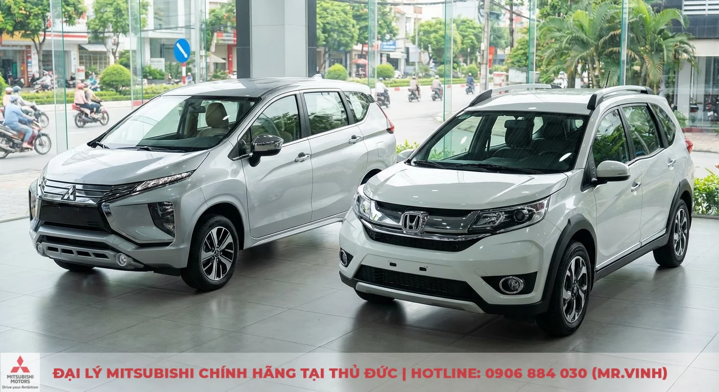 Mitsubishi Xpander 2026 và Honda BR-V hiện hành trưng bày cạnh nhau, so sánh chi tiết thiết kế ngoại thất hiện đại, thể thao