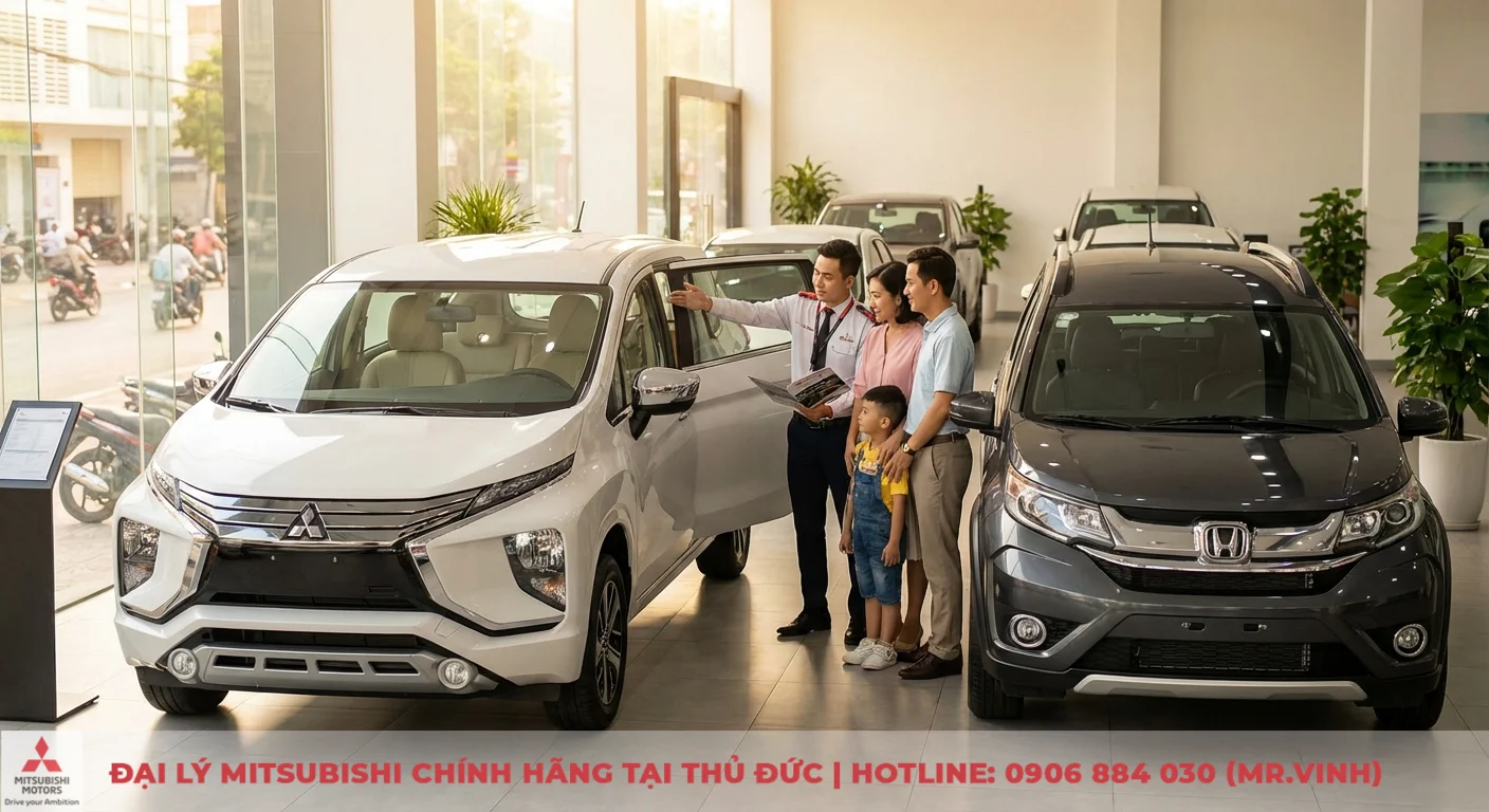 Gia đình khách hàng đang tham khảo Mitsubishi Xpander và Honda BR-V tại showroom để chọn xe đáng mua nhất