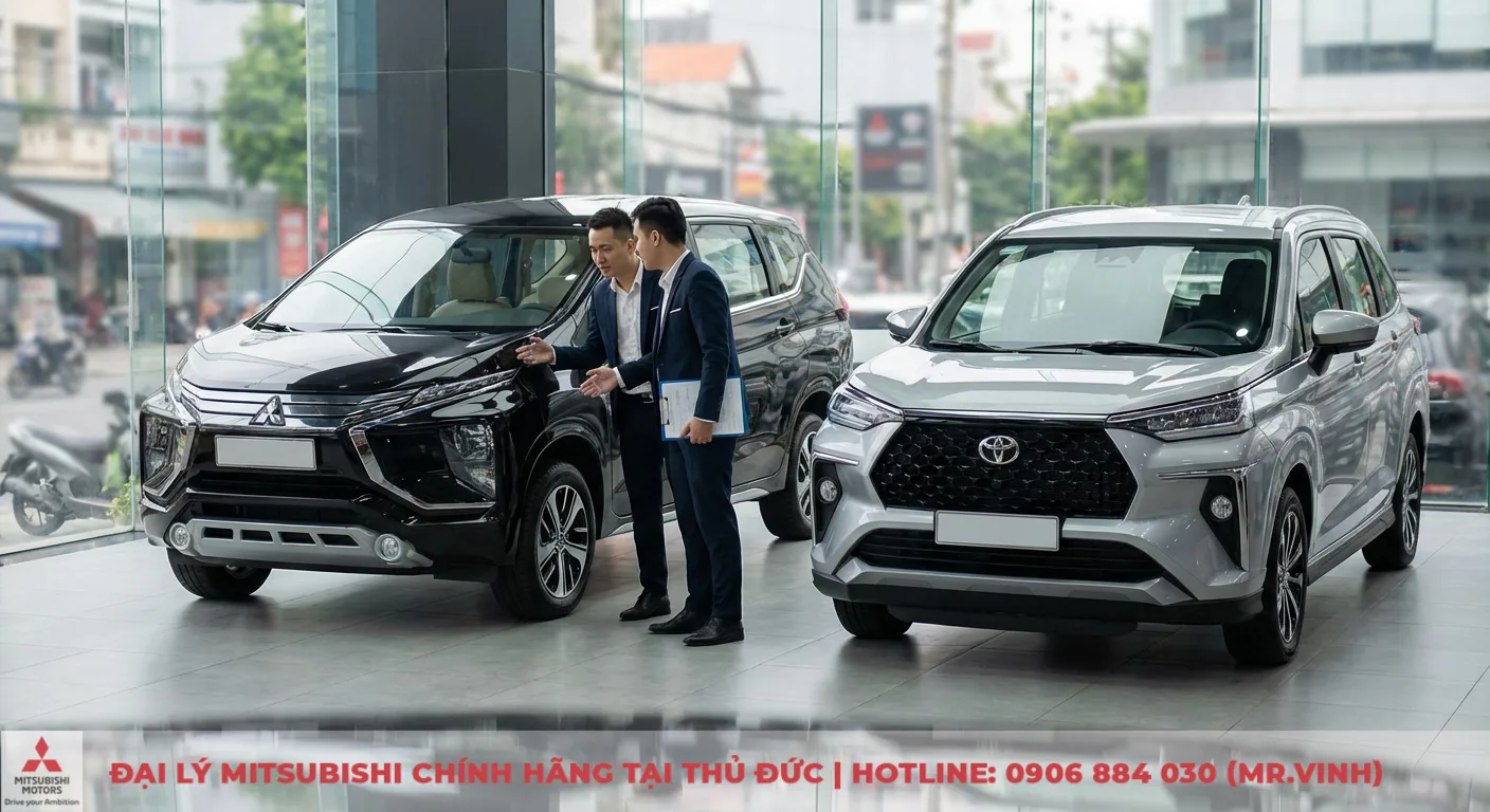 Mitsubishi Xpander v&agrave; Toyota Veloz Cross trưng b&agrave;y trong showroom, nhấn mạnh sự cạnh tranh ph&acirc;n kh&uacute;c MPV