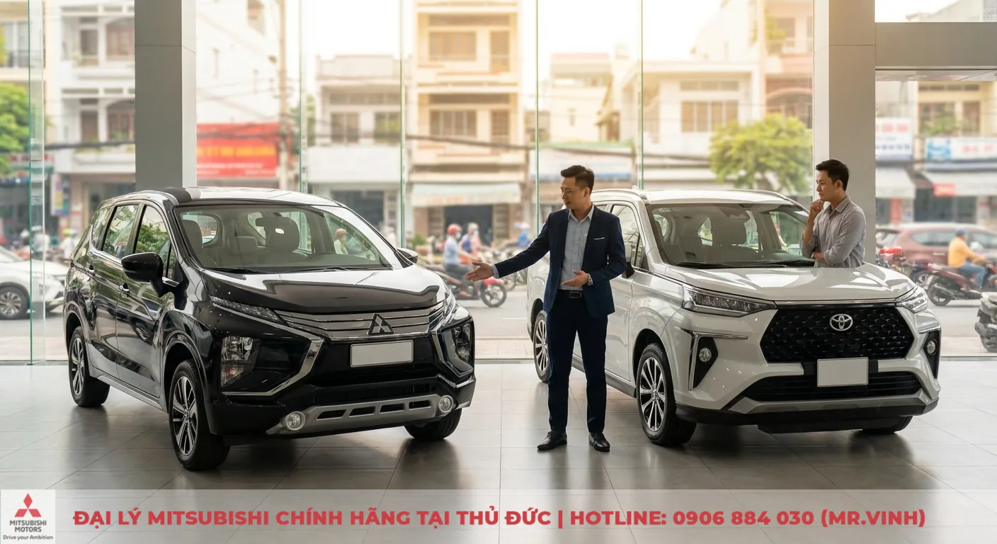 Lời khuy&ecirc;n chọn Mitsubishi Xpander đen hoặc Toyota Veloz Cross trắng được nh&acirc;n vi&ecirc;n tư vấn tại showroom