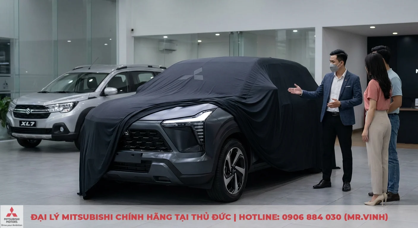 Thiết kế ngoại thất Mitsubishi Xpander 2026 lột x&aacute;c với đ&egrave;n LED hiện đại, lưới tản nhiệt lớn, b&ecirc;n cạnh Suzuki XL7 thể thao