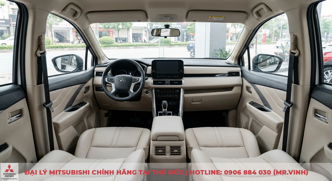 Nội thất Mitsubishi Xpander hiện đại, rộng r&atilde;i, trang bị m&agrave;n h&igrave;nh giải tr&iacute; lớn v&agrave; ghế da cao cấp tiện nghi