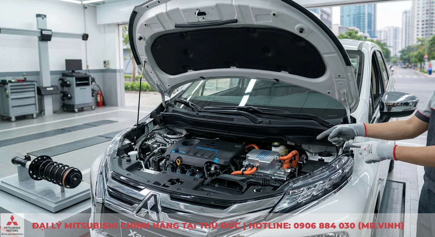 Kỹ thuật vi&ecirc;n kiểm tra động cơ hybrid v&agrave; hệ thống treo Xpander 2026, minh họa khả năng vận h&agrave;nh v&agrave; tiết kiệm nhi&ecirc;n liệu