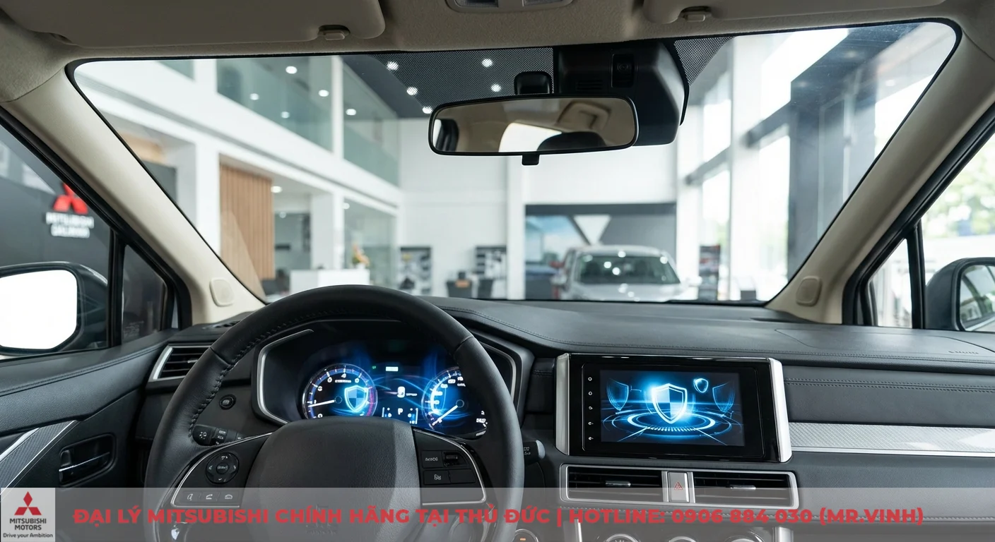 Nội thất Xpander 2026 với m&agrave;n h&igrave;nh kỹ thuật số hiển thị biểu tượng an to&agrave;n, thể hiện c&ocirc;ng nghệ hỗ trợ l&aacute;i