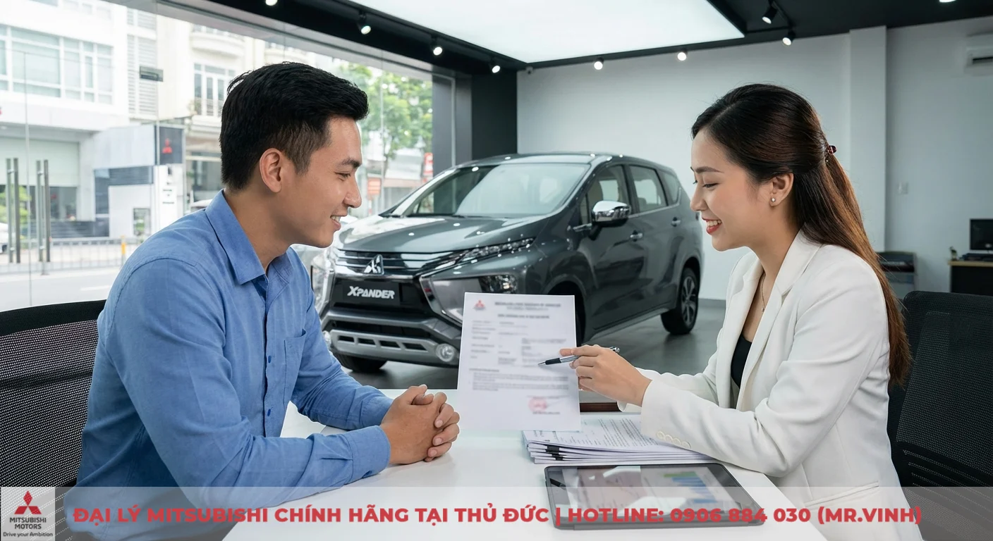 Kh&aacute;ch h&agrave;ng thảo luận ch&iacute;nh s&aacute;ch mua xe trả g&oacute;p v&agrave; ưu đ&atilde;i với chuy&ecirc;n vi&ecirc;n Mitsubishi Saigon 3S tại showroom