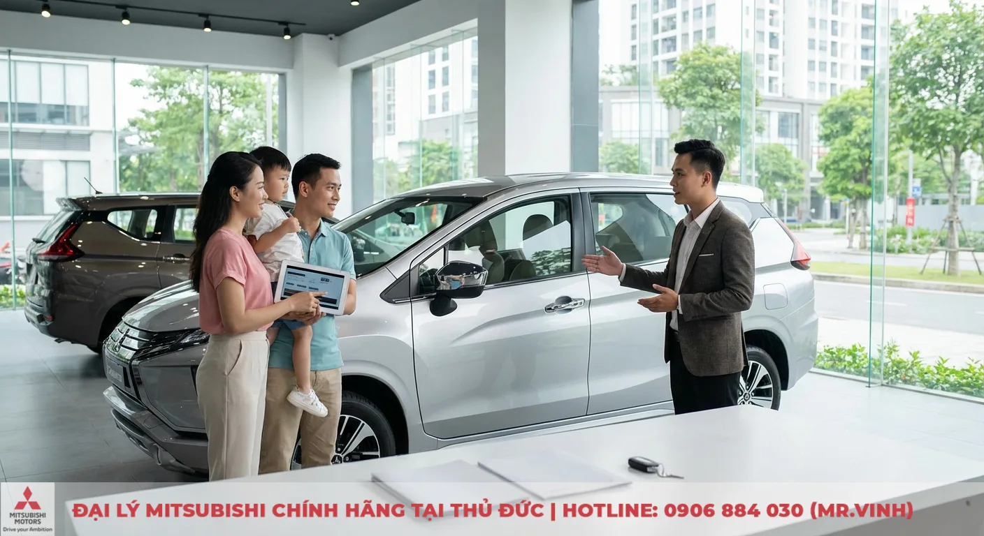 Gia đ&igrave;nh thảo luận về Xpander mới tại showroom, t&igrave;m hiểu c&aacute;c t&iacute;nh năng c&ocirc;ng nghệ v&agrave; sự thoải m&aacute;i cho MPV