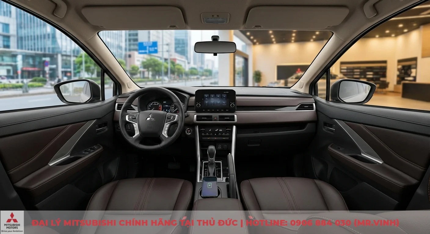 Nội thất Mitsubishi Xpander Cross 2026 tiện nghi với bảng t&aacute;p-l&ocirc; hiện đại, m&agrave;n h&igrave;nh giải tr&iacute; v&agrave; sạc kh&ocirc;ng d&acirc;y