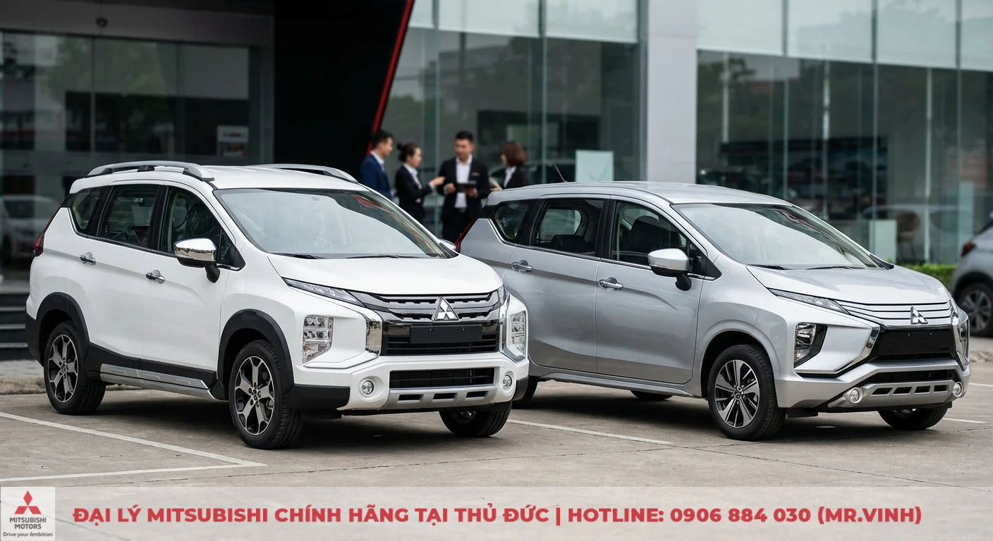 Xpander Cross 2026 trắng v&agrave; Xpander bạc cạnh nhau, thể hiện r&otilde; kh&aacute;c biệt thiết kế v&agrave; phong c&aacute;ch SUV c&aacute; t&iacute;nh