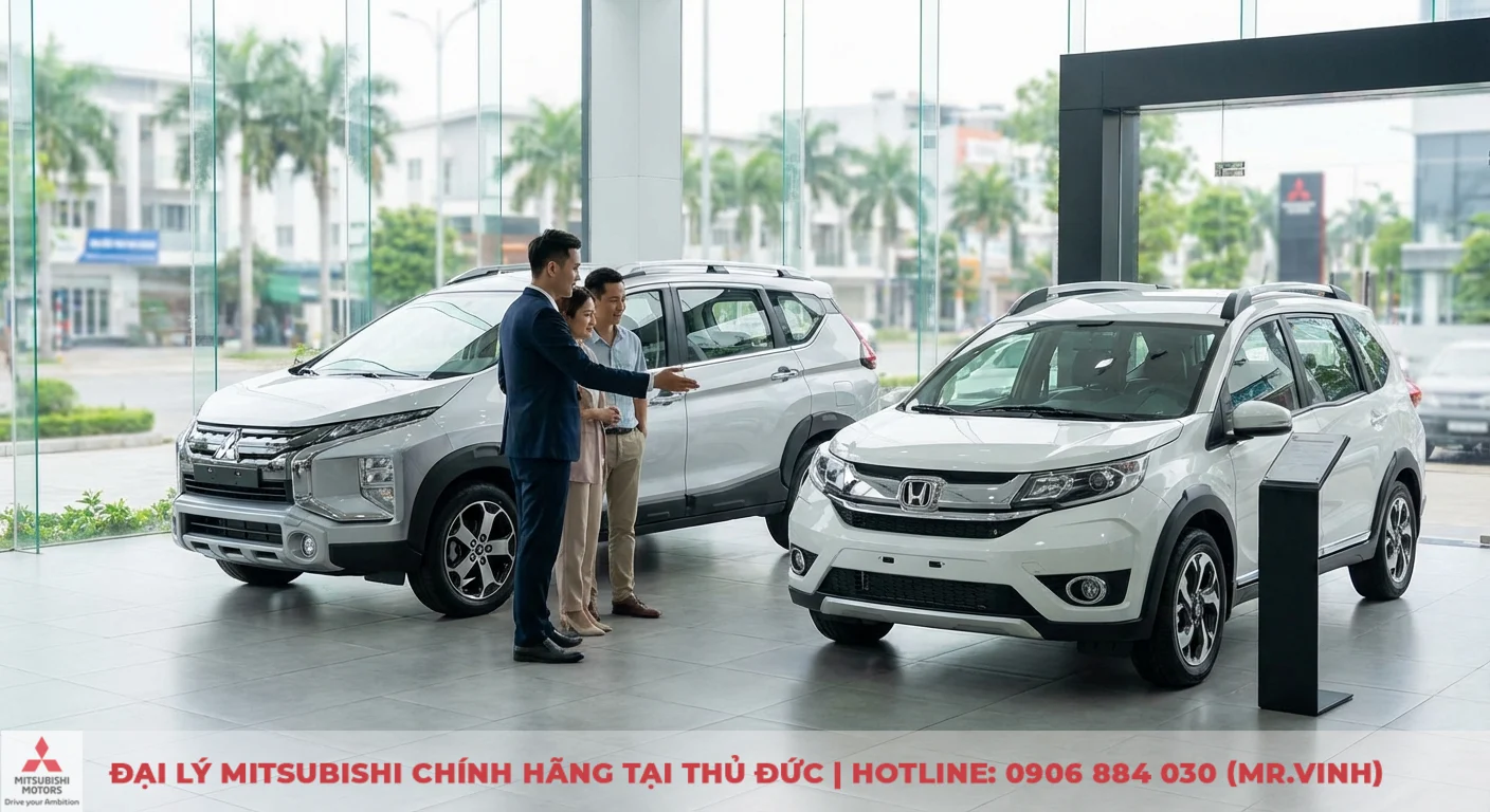 Xpander Cross 2026 và BR-V: So sánh chi tiết, xe nào đáng mua? 1 Mitsubishi Xpander Cross và Honda BR-V tại showroom, nhân viên tư vấn xe cho cặp vợ chồng khách hàng