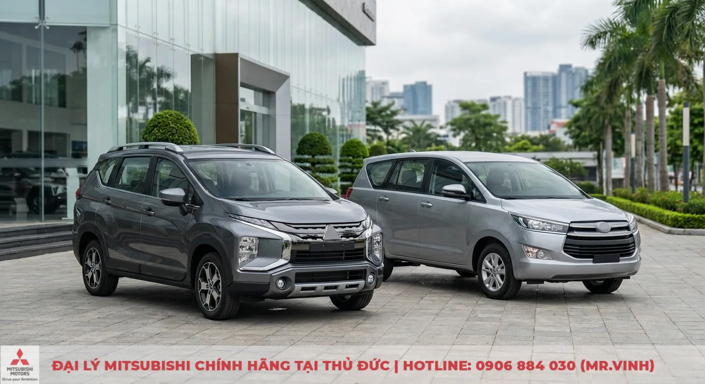 Xpander Cross 2026 và BR-V: So sánh chi tiết, xe nào đáng mua? 6 Xpander Cross và Honda BR-V màu xám bạc đậu trước showroom, giúp khách hàng chọn xe đáng mua hơn