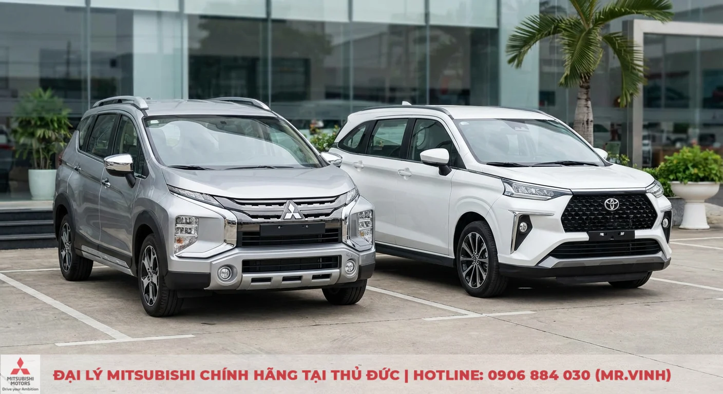 So sánh Xpander Cross 2026 và Veloz Cross: Giá, trang bị, an toàn 1 Mitsubishi Xpander Cross màu bạc và Toyota Veloz Cross màu trắng đậu cạnh nhau cho cái nhìn tổng quan