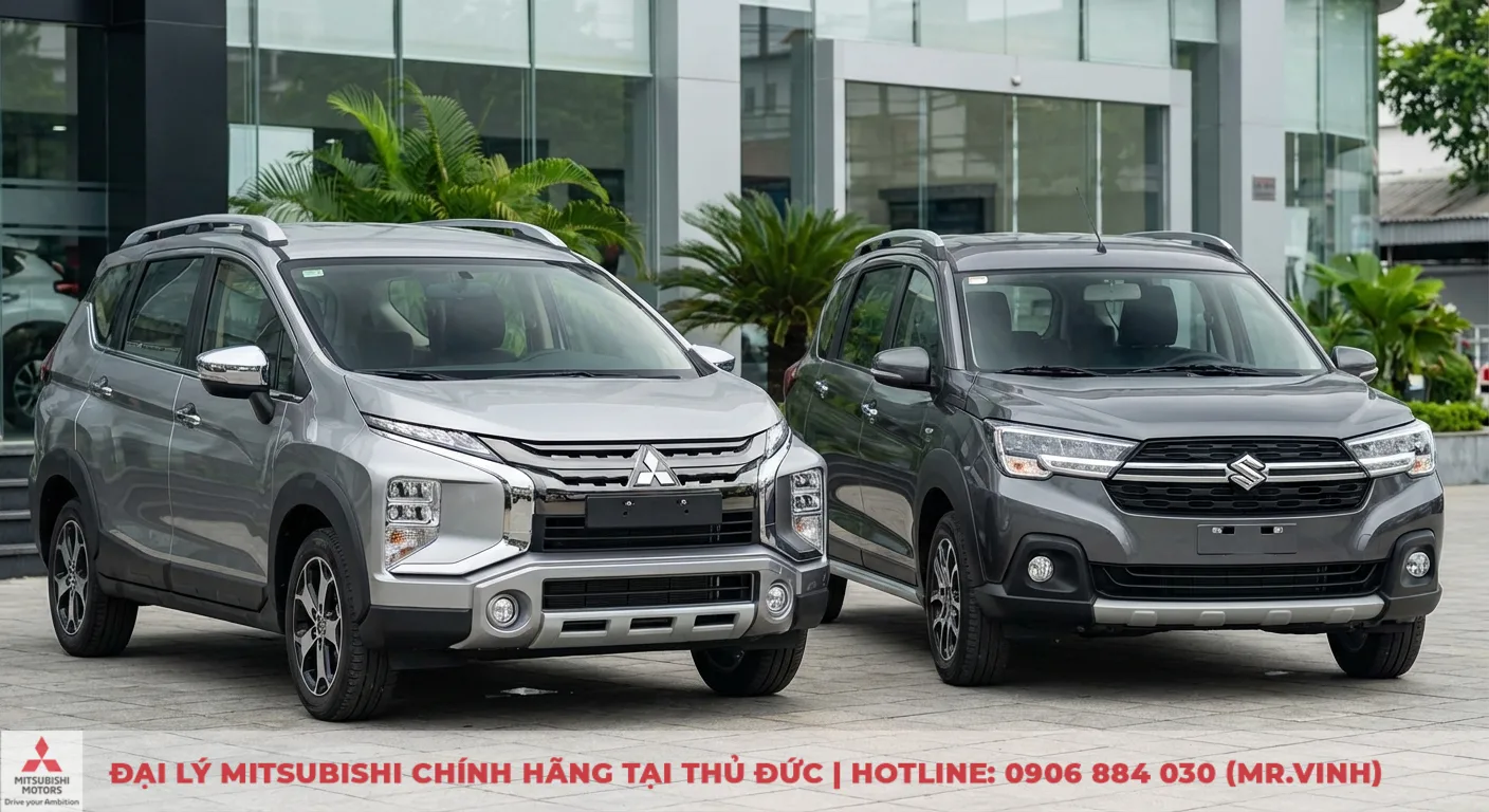 Ngoại thất Xpander Cross Dynamic Shield m&agrave;u bạc v&agrave; Suzuki XL7 m&agrave;u x&aacute;m thể hiện thiết kế SUV mạnh mẽ, cứng c&aacute;p