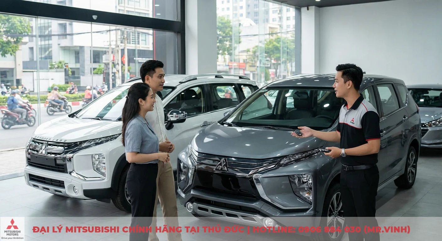Cặp đ&ocirc;i được nh&acirc;n vi&ecirc;n tư vấn về Mitsubishi Xpander Cross tại showroom, gi&uacute;p chọn xe ph&ugrave; hợp cho gia đ&igrave;nh