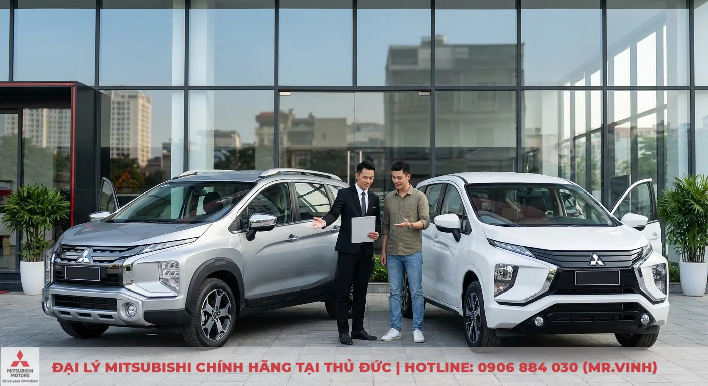 Mitsubishi Xpander 2026 m&agrave;u trắng v&agrave; Xpander Cross 2026 m&agrave;u bạc được trưng b&agrave;y, tư vấn vi&ecirc;n giới thiệu cho kh&aacute;ch h&agrave;ng