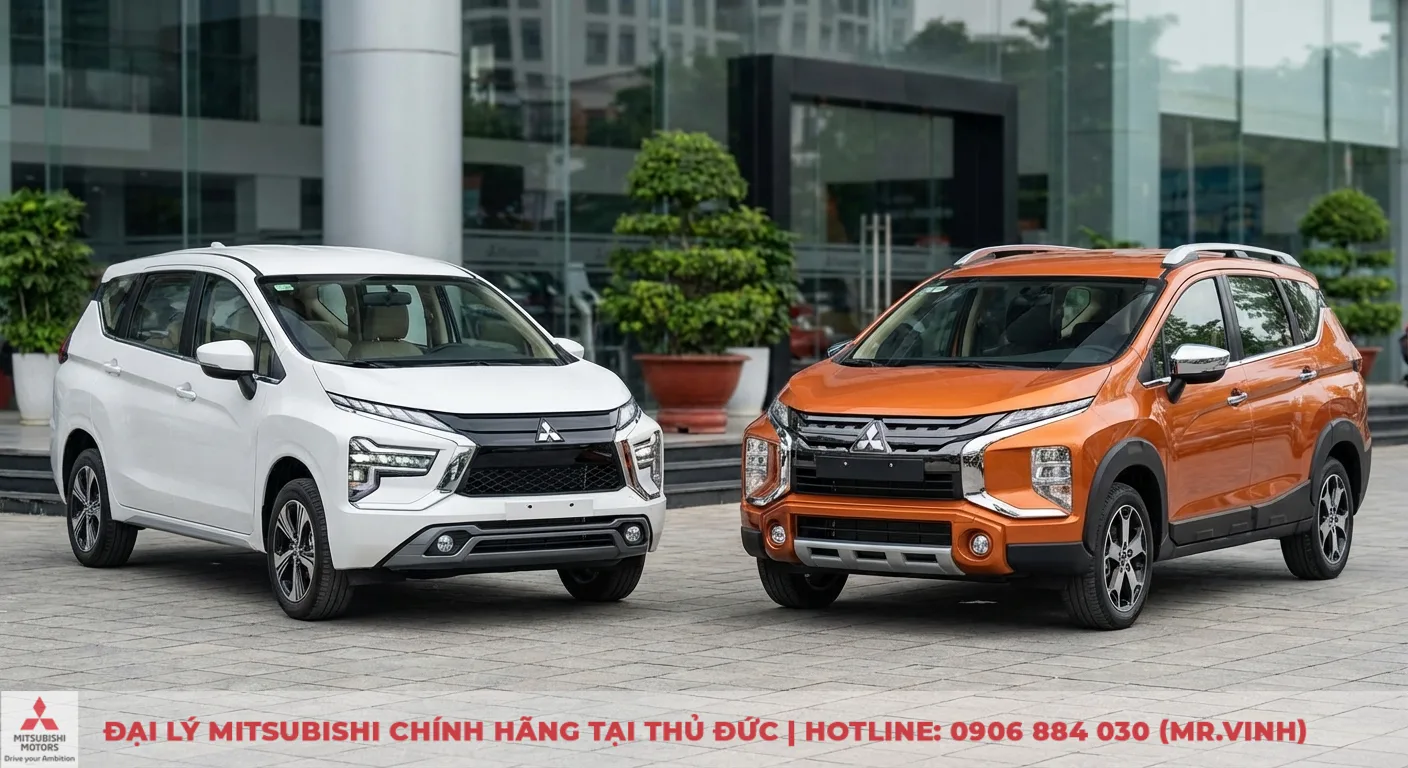 Mitsubishi Xpander 2026 m&agrave;u trắng v&agrave; Xpander Cross 2026 m&agrave;u cam so s&aacute;nh thiết kế ngoại thất MPV v&agrave; SUV