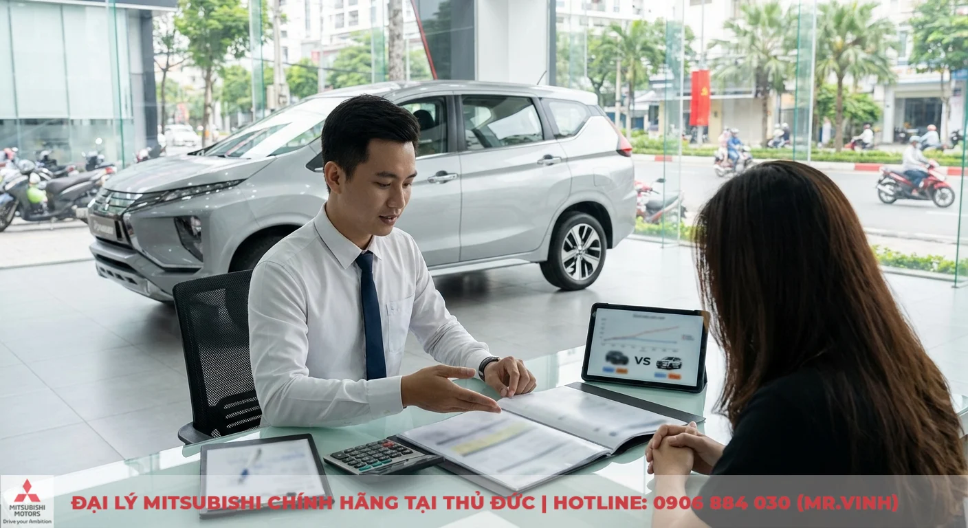 Tư vấn vi&ecirc;n giới thiệu gi&aacute; lăn b&aacute;nh v&agrave; ưu đ&atilde;i xe Xpander tại đại l&yacute; Mitsubishi TP.HCM/Thủ Đức, hiển thị th&ocirc;ng tin tr&ecirc;n m&aacute;y t&iacute;nh bảng