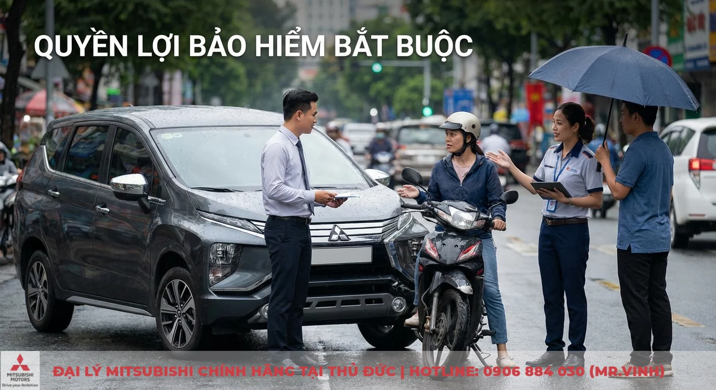 Bảo hiểm bắt buộc đảm bảo quyền lợi bồi thường nhanh ch&oacute;ng cho người bị nạn, với nh&acirc;n vi&ecirc;n bảo hiểm đang đ&aacute;nh gi&aacute; hiện trường tai nạn &ocirc; t&ocirc; v&agrave; xe m&aacute;y