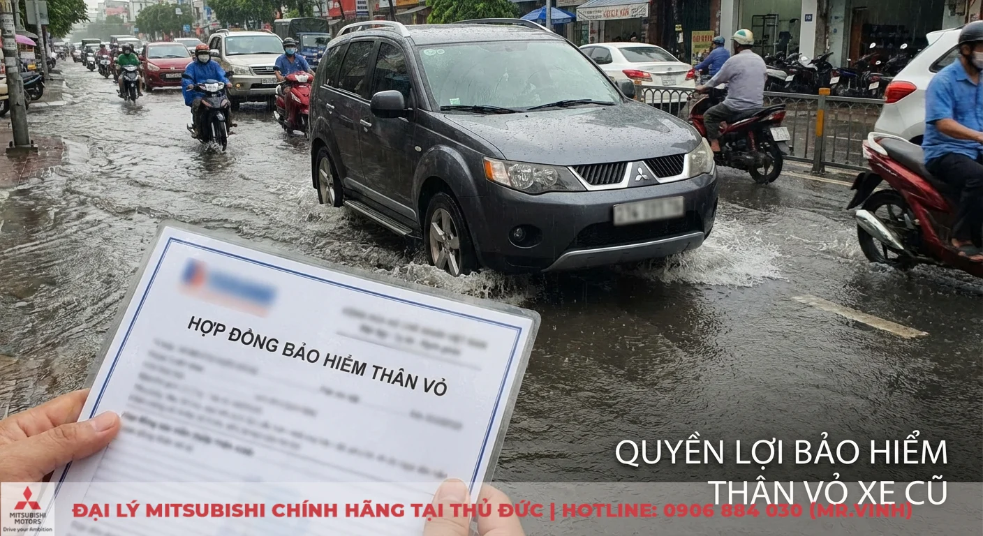 Quyền lợi bảo hiểm th&acirc;n vỏ xe &ocirc; t&ocirc; cũ chi trả thiệt hại do thủy k&iacute;ch, với xe SUV đi qua đường ngập v&agrave; hợp đồng tr&ecirc;n tay