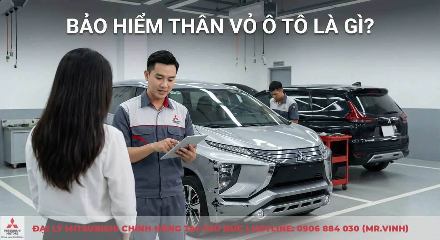 C&aacute;ch t&iacute;nh ph&iacute; bảo hiểm th&acirc;n vỏ xe &ocirc; t&ocirc; được nh&acirc;n vi&ecirc;n tư vấn tr&ecirc;n tablet, minh họa c&ocirc;ng thức cụ thể c&ugrave;ng xe Mitsubishi Xpander tại showroom