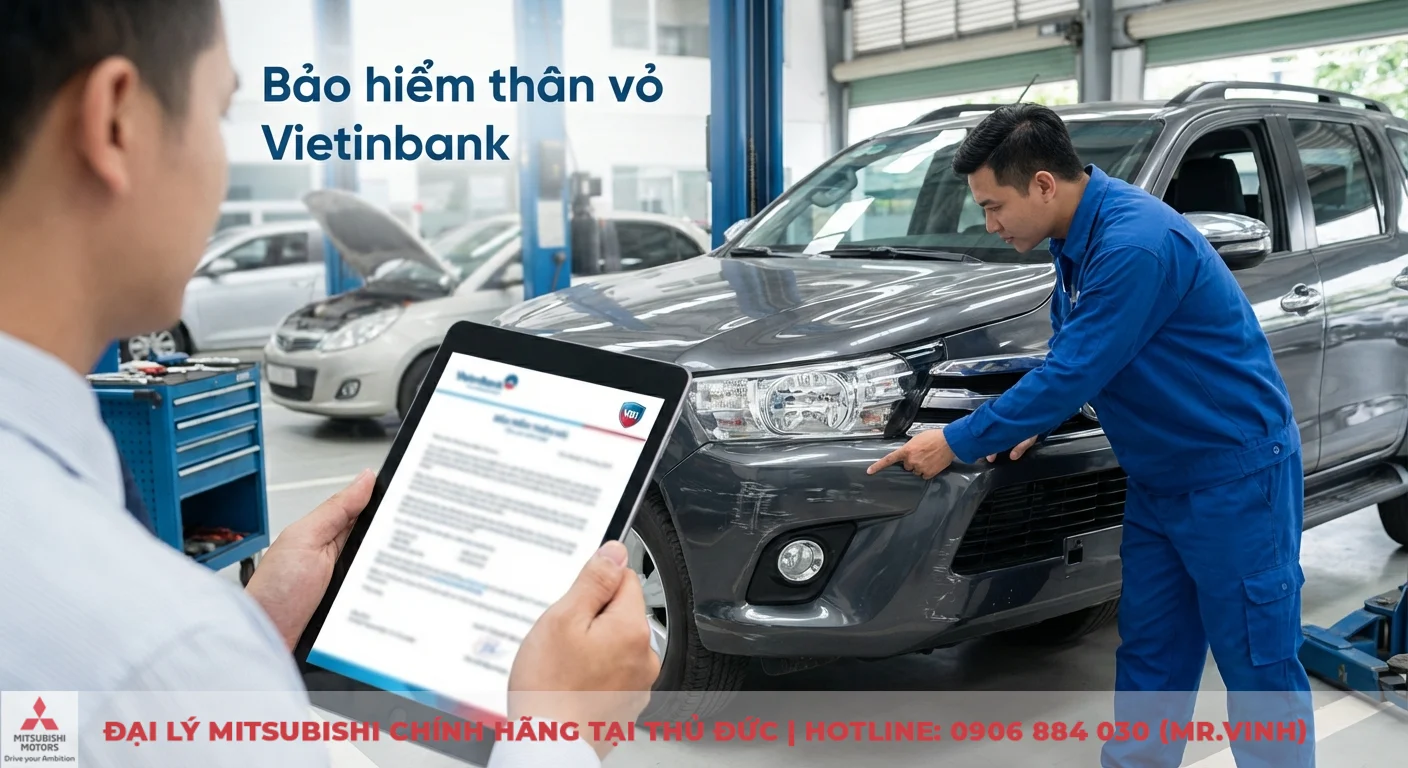 Bảo hiểm thân vỏ ô tô Vietinbank: Quyền lợi, phí và bồi thường 1 Bảo hiểm thân vỏ xe ô tô Vietinbank giúp chi trả chi phí sửa chữa khi xe gặp sự cố, thể hiện qua thợ kiểm tra xe hỏng và hợp đồng bảo hiểm trên tablet