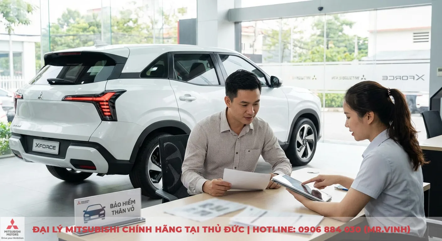 Bảo hiểm thân vỏ Xforce: Quyền lợi, điều khoản và bồi thường chi tiết 1 Bảo hiểm thân vỏ Mitsubishi Xforce bảo vệ vật chất xe, khách hàng được nhân viên tư vấn chi tiết tại showroom