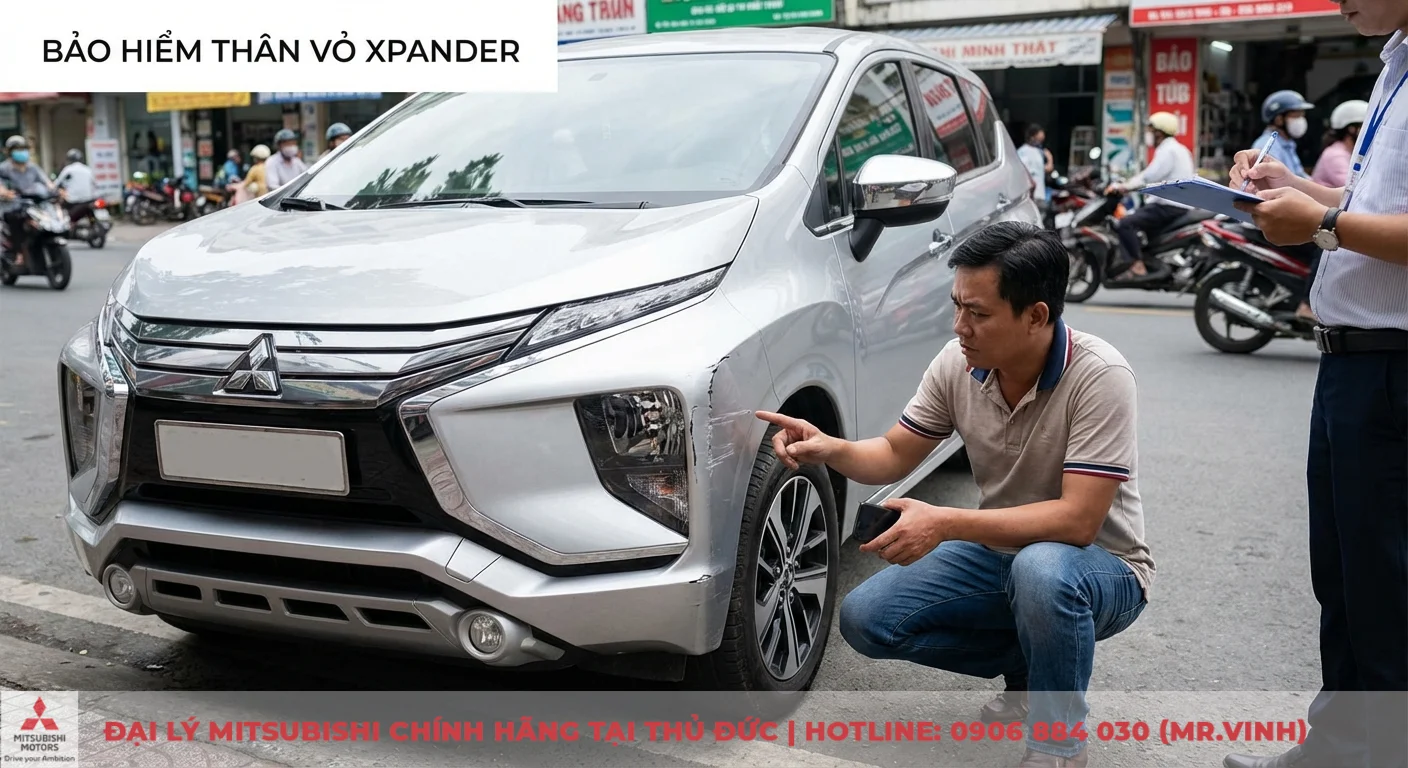 Bảo hiểm thân vỏ Xpander: Quyền lợi, hồ sơ, quy trình bồi thường 1 Bảo hiểm thân vỏ Xpander rất cần thiết khi xe bị thiệt hại vật chất, như Xpander bị xước đang được nhân viên kiểm tra